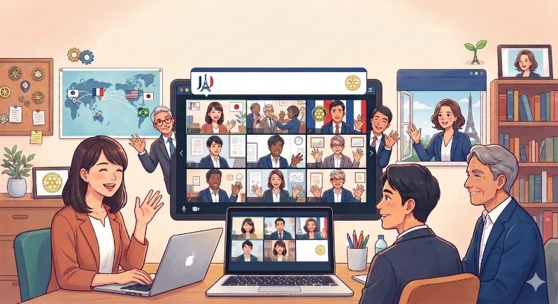 オンラインで世界とつながるロータリアンのイラスト