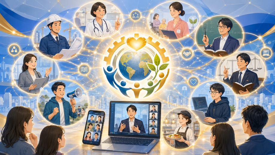 さまざまな職業のロータリアンがオンラインでつながるイラスト