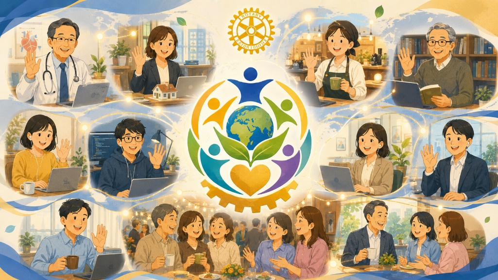 オンラインで手を振る会員たちと、集って語らう人々を描いたイラスト