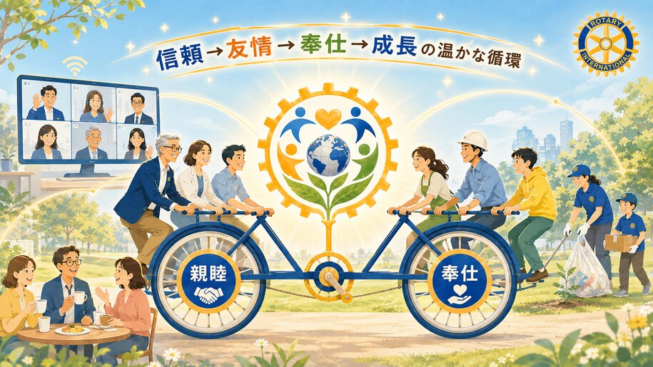 「親睦」と「奉仕」の二輪車をロータリアンが漕ぎ、信頼→友情→奉仕→成長の温かな循環が描かれたイラスト