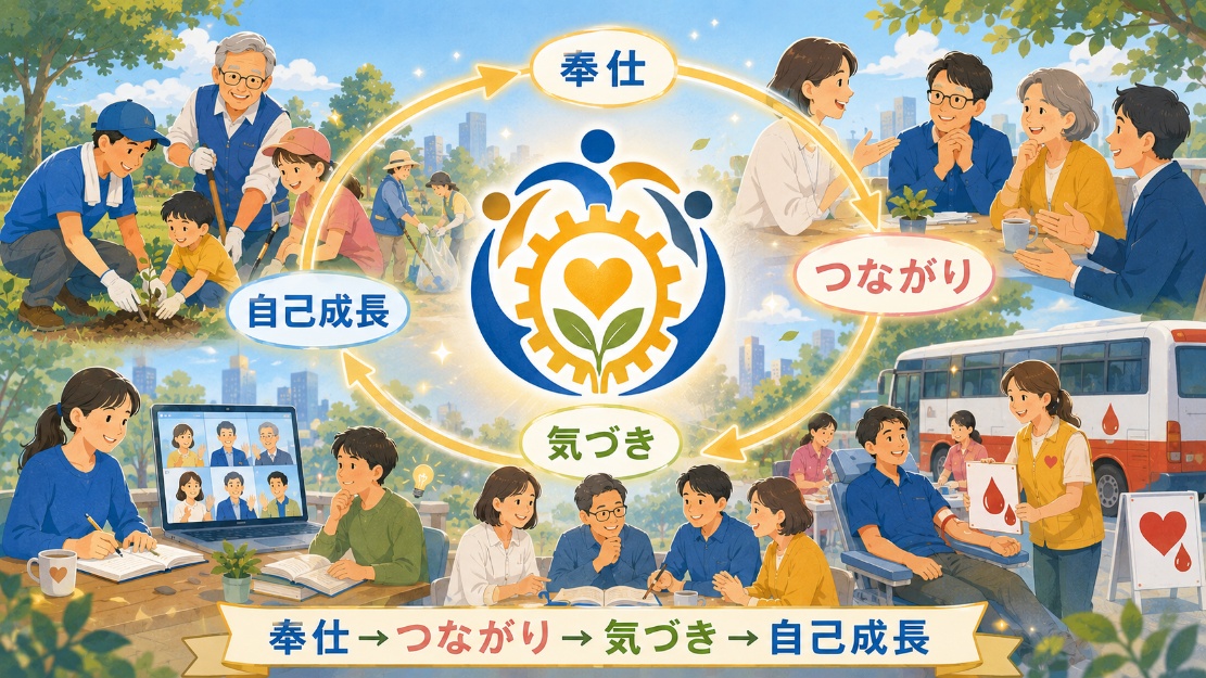 「奉仕→つながり→気づき→自己成長」の循環を中心に、植樹・仲間との対話・オンラインでの学び・献血など会員の活動が描かれたイラスト