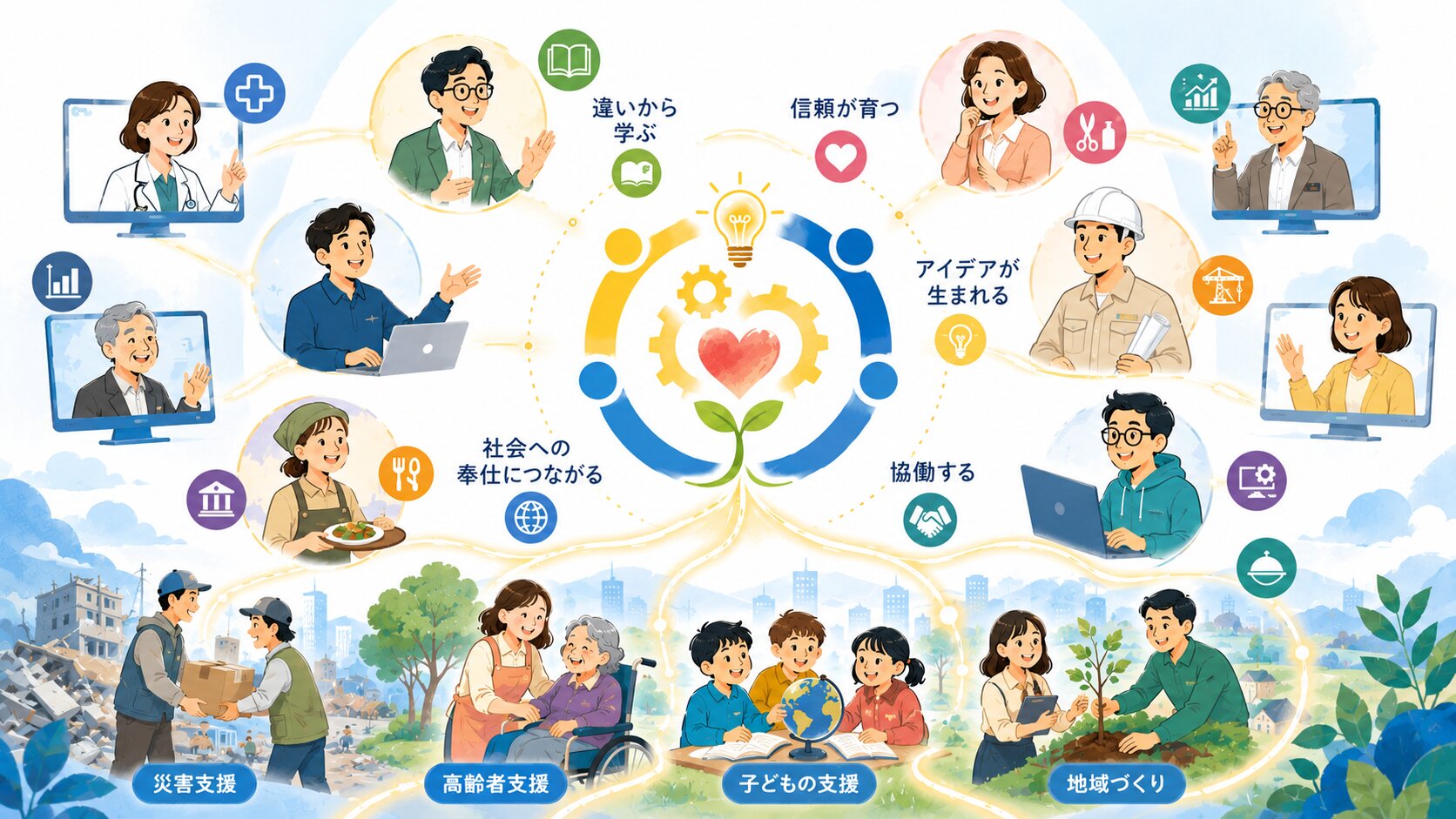 医師・技術者・料理人・建設業など多様な職業の会員がオンラインでつながり、「違いから学ぶ」「信頼が育つ」「アイデアが生まれる」「協働する」「社会への奉仕につながる」の輪を通じて、災害支援・高齢者支援・子どもの支援・地域づくりへと広がる様子を描いたイラスト