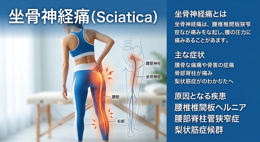 坐骨神経痛（Sciatica）の解説図。腰から脚にかけて走る坐骨神経と痛みの部位、原因となる疾患（腰椎椎間板ヘルニア・腰部脊柱管狭窄症・梨状筋症候群）を示したイラスト
