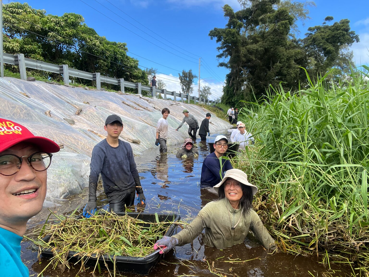 ロコワカポンドの水際で、生徒たちが水に入って外来植物を刈り取り、黒い箱に集めている。右下では帽子をかぶった長谷川さんが笑顔で作業している