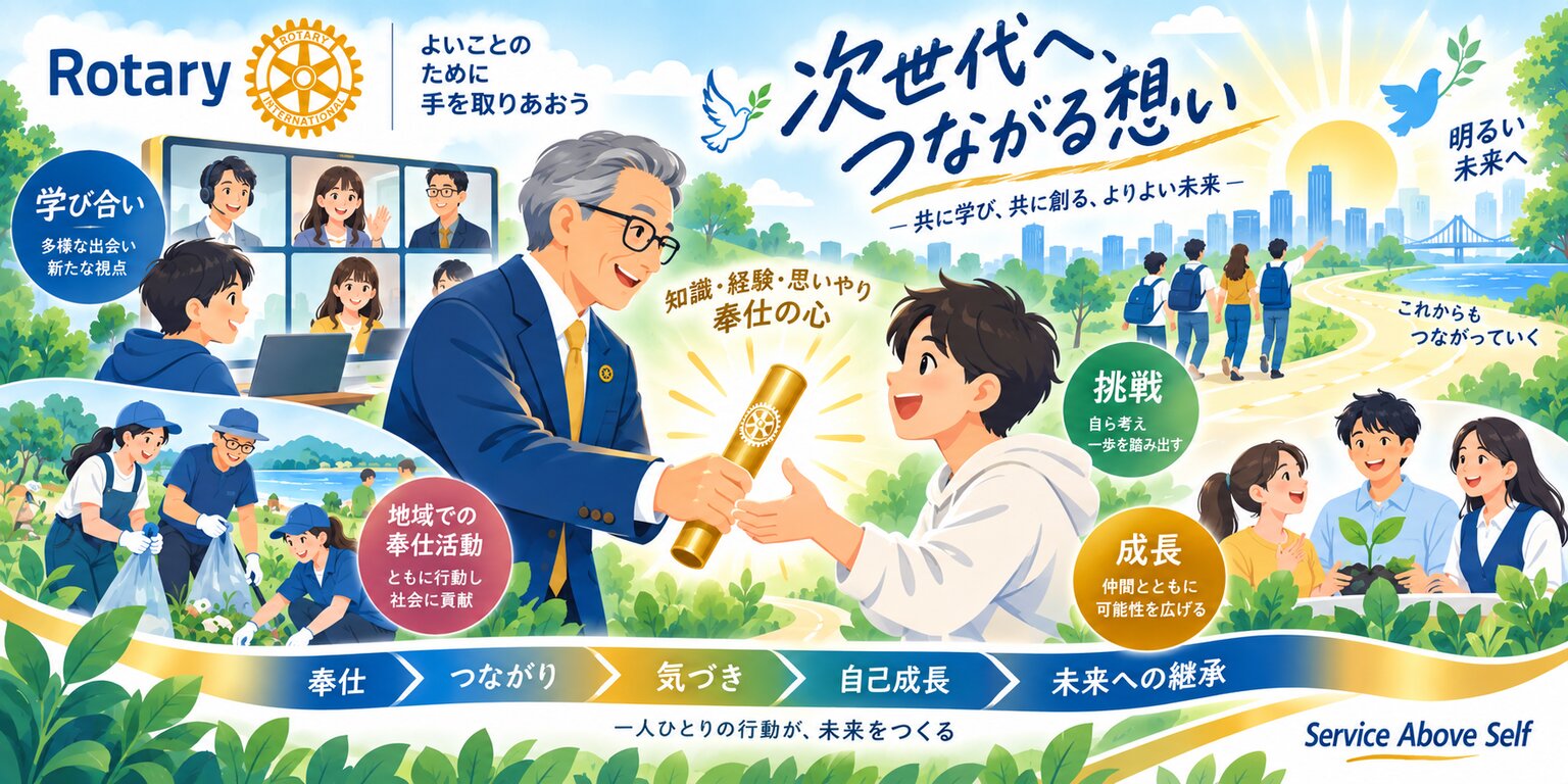 「次世代へ、つながる想い ― 共に学び、共に創る、よりよい未来 ―」と題したイラスト。中央でスーツ姿の年長のロータリアンが若者に金色のバトンを手渡し、周囲にオンラインでの学び合い、地域での奉仕活動、挑戦、成長の場面が描かれている。下部に「奉仕 → つながり → 気づき → 自己成長 → 未来への継承」「一人ひとりの行動が、未来をつくる」「Service Above Self」
