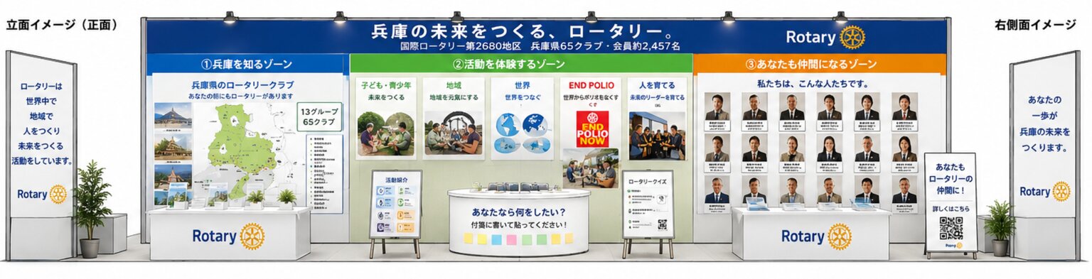 ロータリーコーナーのイメージ図。「兵庫の未来をつくる、ロータリー。」の看板の下に「①兵庫を知るゾーン」「②活動を体験するゾーン」「③あなたも仲間になるゾーン」が並び、左右に側面パネルが立つ