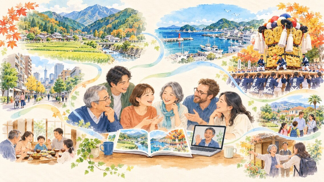 水彩画風のイラスト。中央で年齢や国籍の異なる人々がテーブルを囲み、ふるさとの風景を描いた冊子とノートパソコンを前に語り合っている。周囲には山あいの田園、港町、太鼓台の祭り、都会の街並み、家族の食卓、帰郷を迎える場面が描かれている。