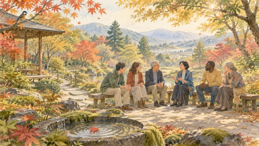 水彩画風のイラスト。紅葉した木々に囲まれた秋の庭園で、年齢や国籍の異なる6人が東屋近くのベンチに並んで座り、語り合っている。手前には水をたたえた石の手水鉢があり、背景には山並みが広がっている。